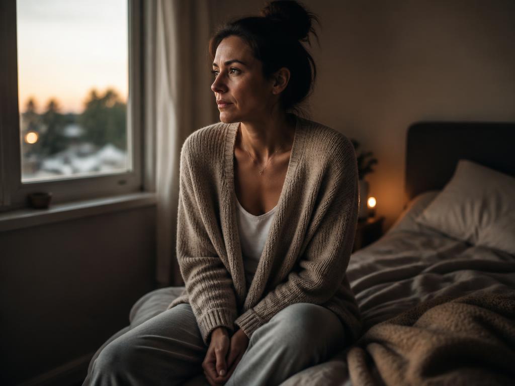 Woman in her late thirties sitting quietly on the edge of her bed at dusk