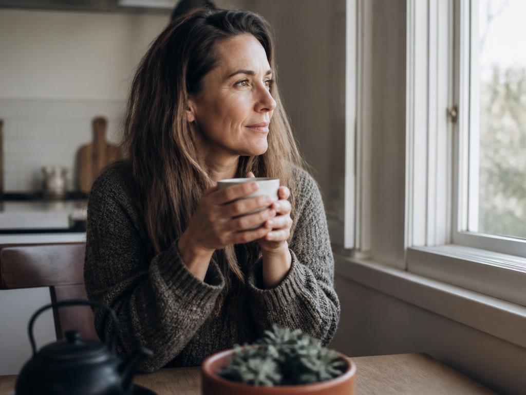 Woman in her forties holding a mug at her kitchen table in morning light